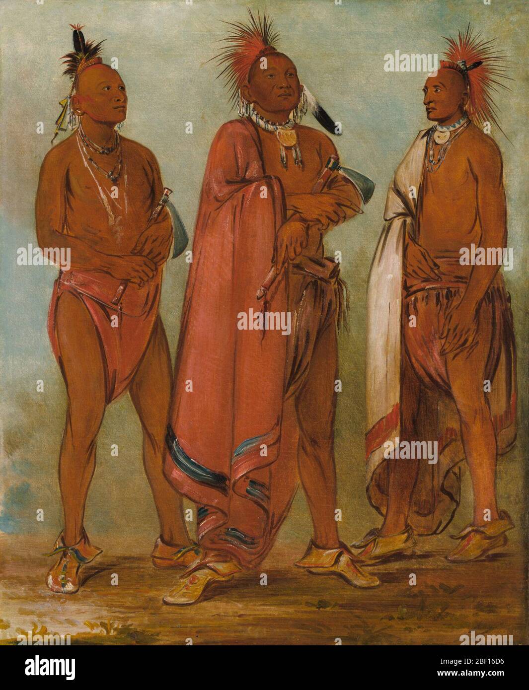 Wamsheesheek Er, Der Wachshuk Krieg Minkchsk Drei Distinguished Young Men Nimmt. George Catlin beschrieb diese Mitglieder des Stammes der Osage als „einheitlich gekleidet in Häute ihrer eigenen Kleidung – streng unter Beibehaltung ihrer primitiven Aussehen und Manieren, ohne den geringsten Anschein von Neuerungen, mit Ausnahme der Decken, die kürzlich zugelassen wurden Stockfoto