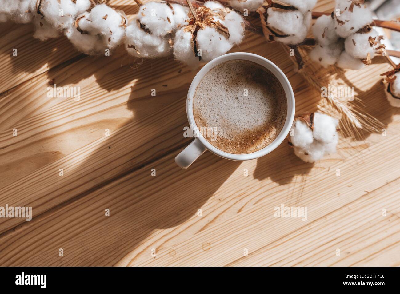 Tasse Kaffee auf einem hellen Holztisch mit Baumwollblume Hintergrund Stockfoto