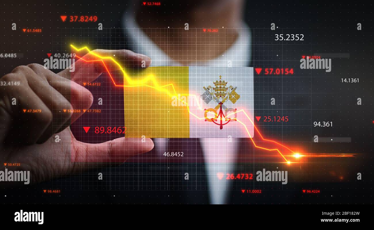 Grafik fällt vor der Flagge der Vatikanstadt nieder. Krisenkonzept Stockfoto