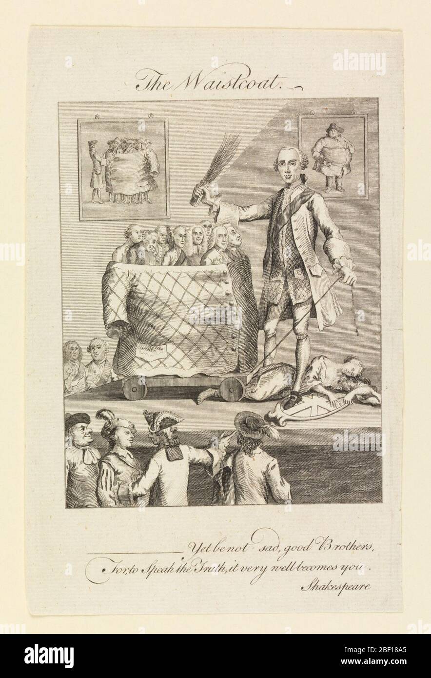 Die Weste Karikatur auf der Mode der Weste. In dieser Karikatur zeigt ein Mann, wie eine Weste um eine Gruppe von viel kleineren Männern passen kann. Im Hintergrund links ist ein Bild der Männer, die in die Weste gehüllt sind, und rechts ist ein Bild eines sehr großen Mannes, der sie trägt. Stockfoto