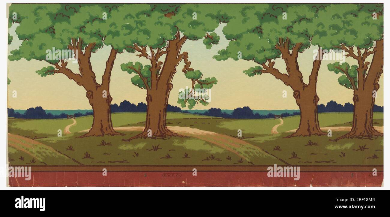 Frieze. Landschaftsfries; flache Wiese mit Hügeln in weiter Ferne; wiederholende Paar Eichen im Vordergrund. Gestempelt am oberen Rand: Gledhill Wall Paper Company. New York, NY; auf der Rückseite: Frieze No. 1242 AA / 30 Inch Ingrains. --WR Stockfoto