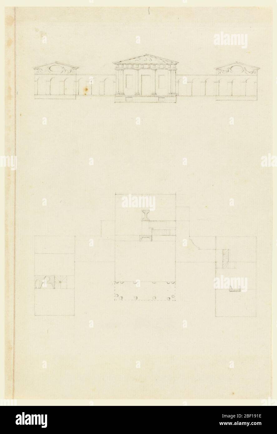 Höhe und Plan eines Landhauses. Erhebung eines einstöckigen Hauses mit einem klassischen zentralen Portikus und zwei flankierenden Flügeln, mit ovalen Fenstern in den Giebeln. Arkaden verbinden die Flügel mit dem zentralen Block. Unten ein Plan des Hauses. Stockfoto