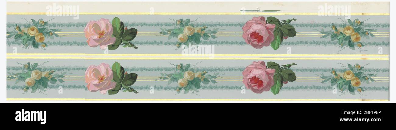 Rahmen. Große rosa Rose wechselt sich mit kleinen Bouquet. Blassblau graues Band im Hintergrund. Goldrand. Zwei Seiten gedruckt. Stockfoto