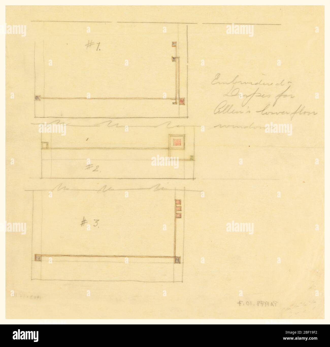 Bestickte Vorhänge für untere Bodenfenster Henry J Allen Residence Wichita Kansas. Drei Designs für bestickte Vorhänge für untere Bodenfenster der Henry J. Allen Residence. Drei horizontale Rechtecke, die vertikal mit Quadraten und Linien angeordnet sind, um das Stickmuster darzustellen. Stockfoto