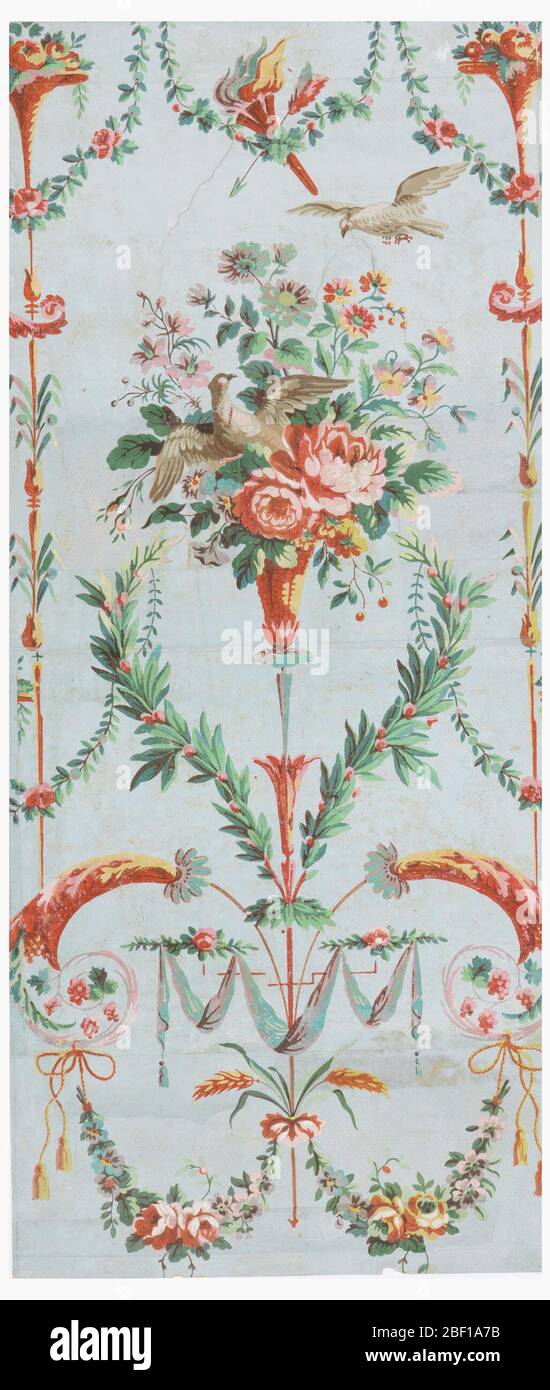 Les Deux Pigeons. Vertikales Rechteck von verbundenen Blättern Papier. Großer Blumenkorb mit Taube, die aus seiner Mitte herausfliegt; eine andere Taube oben, rechts. Entlang jedem Rand, schlanker Schaft mit gelegentlicher Blattbildung, durchsetzt von kleinen Blütenkörner. Stockfoto