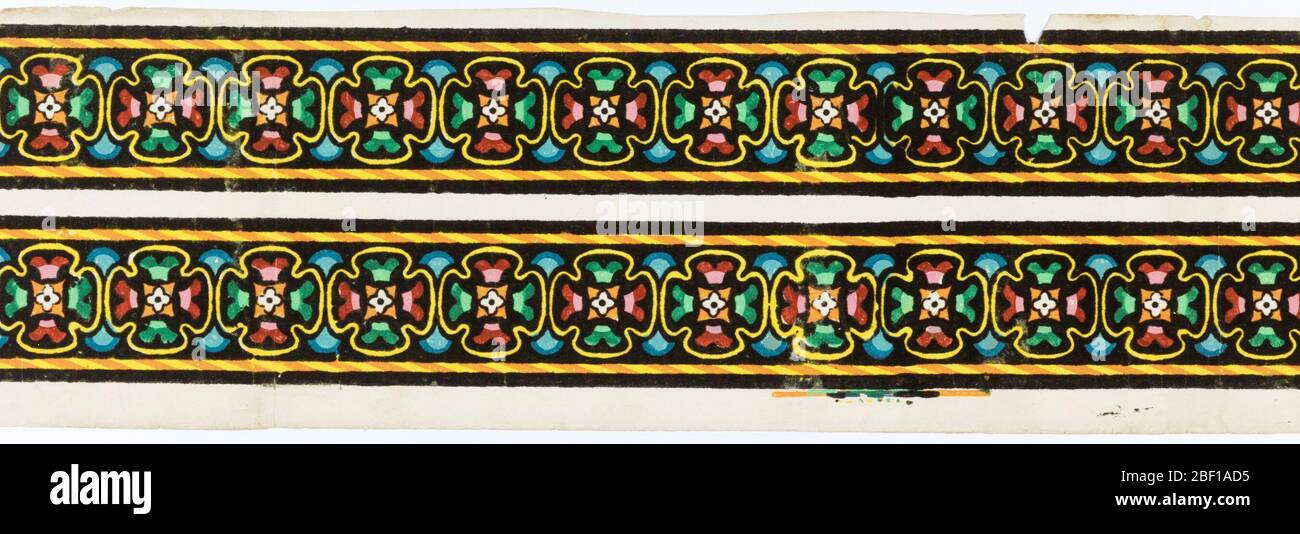 Rahmen. Zwei Breiten in einem mehrfarbigen Quatrefoil-Design. Der Hintergrund ist beflockt, und die Kanten bestehen aus einem vereinfachten Kabel oder gestreiften Linie. Schwarz beflockt, gelb, orange, rot, rosa, grün und blau über weißem Grund; bedruckt in Nachahmung eines Textils.H# 498 Stockfoto