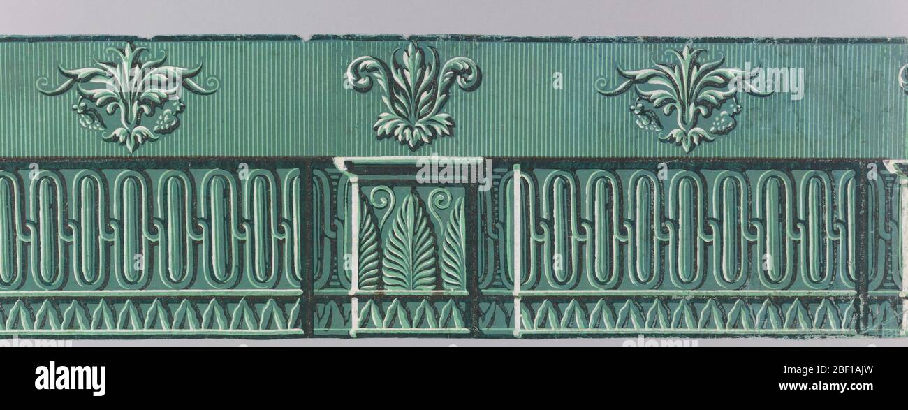 Rahmen. Horizontales Rechteck bestehend aus vier Papierstücken. Grün und weiß, mit Umrissen in gebrannter Umbra. Entlang der Unterseite, verflechtung Linien bilden Ellipsen; Sockel Form in der Mitte. Oben drei symmetrische Gruppen von Blättern auf gestreiftem Boden. Stockfoto