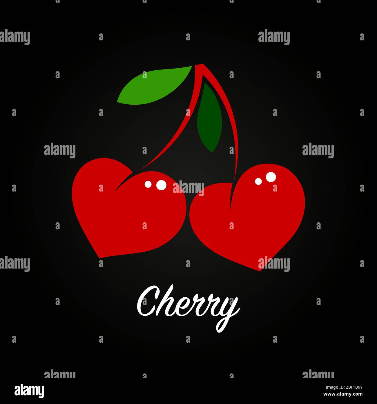 Kirschen in Form von roten Herzen mit grünen Blättern auf schwarzem Hintergrund. Flache Illustration, Beere Logo. vektor Stock Vektor