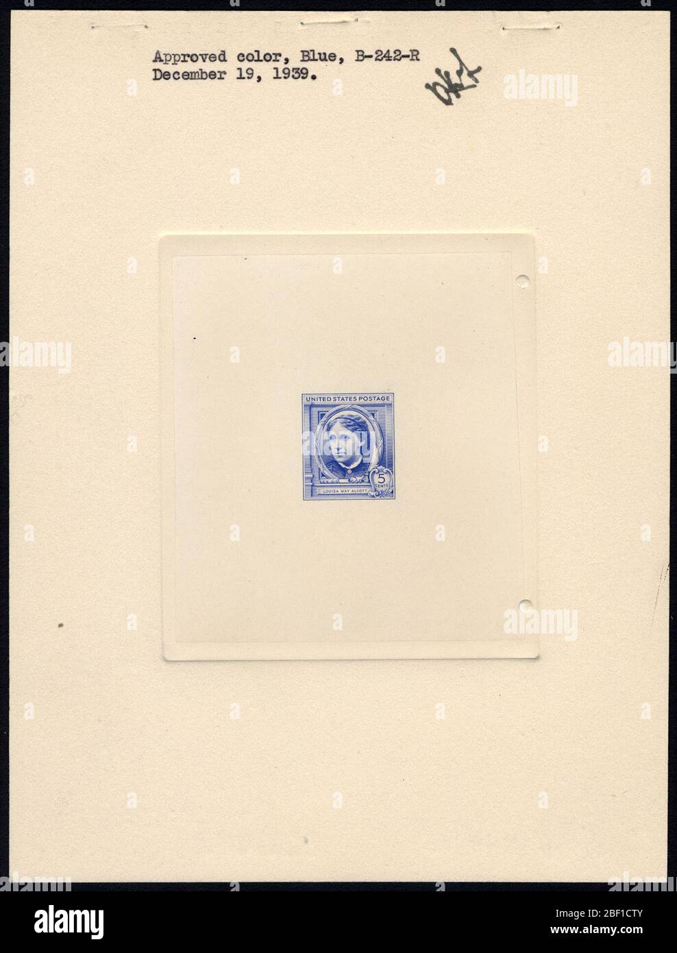 5c amerikanische Autoren Louisa Mai Alcott die Proof angebracht, um Platte Proof. Zertifizierte Plattenproofs sind der letzte gedruckte Proof der Platte vor dem Druck der Stempel im Büro für Gravur und Druck. Diese Plattenproofs sind jeweils eindeutig, mit den Genehmigungsunterschriften und dem Datum. Stockfoto