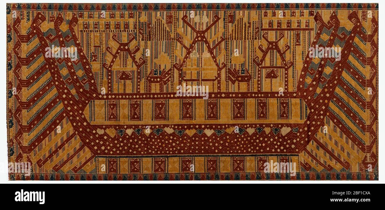 Schiff Tuch palepai. Horizontal rechteckige Platte mit „Hip of the Dead“-Design. Ein großes symmetrisches Schiff, das drei stark stilisierte Figuren trägt und von abstrahierten Wellen umgeben ist. Design in Dunkelblau, Ziegelrot und Weiß mit Metallic-Details auf einem ungefärbten Baumwollgrund. Stockfoto