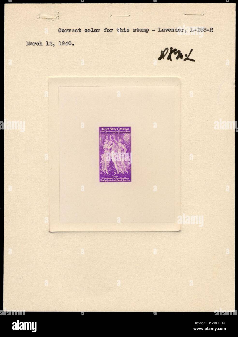 3c Pan American Union die Proof auf Platte Proof angebracht. Zertifizierte Plattenproofs sind der letzte gedruckte Proof der Platte vor dem Druck der Stempel im Büro für Gravur und Druck. Diese Plattenproofs sind jeweils eindeutig, mit den Genehmigungsunterschriften und dem Datum. Stockfoto