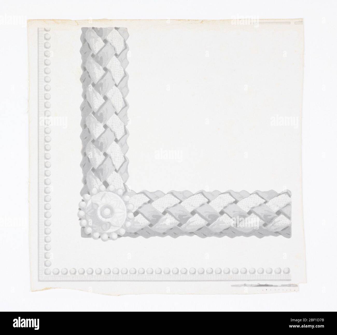 Rahmenecke. Ecke der Grenze für Gelegenheiten verwendet, wenn Grenzen dienen, um Platten oder Dados, Türen oder Fenster Rahmen. Geflochtenes Strohband und Band mit Eckenrosette. Außenperlen. Alles in Grisaille. Stockfoto