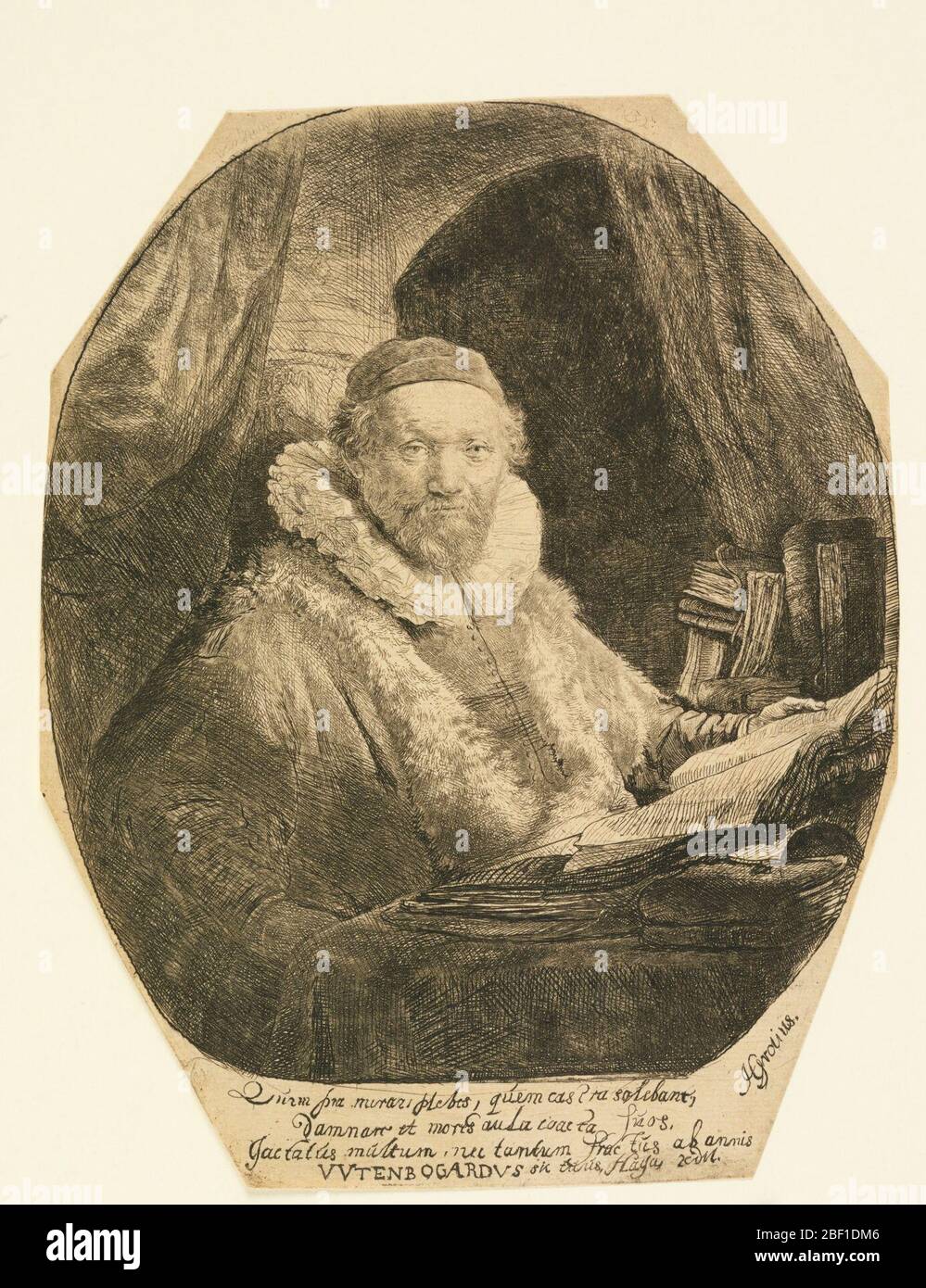 Jan Uytenbogaert Prediger. In einem ovalen Rahmen (geschnitten oktagonal innerhalb des Platemark), der Prediger der Sekte der Arminian Remonstrants, sitzt in seinem Arbeitszimmer, mit Blick auf ein Viertel nach rechts. Unten eine lateinische Inschrift. Stockfoto