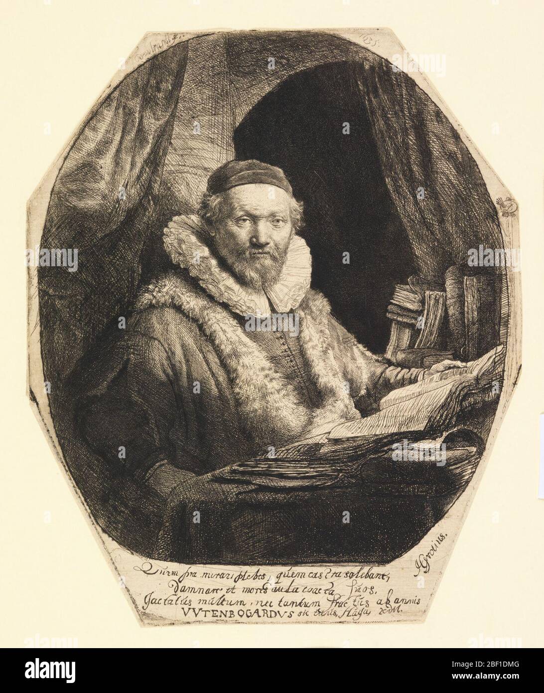 Jan Uytenbogaert Prediger. In einem ovalen Rahmen der Prediger der Sekte der Arminian Remonstranten, wird gesehen, sitzt in seinem Arbeitszimmer, mit Blick auf ein Viertel nach rechts. Unten ist eine lateinische Inschrift. Stockfoto