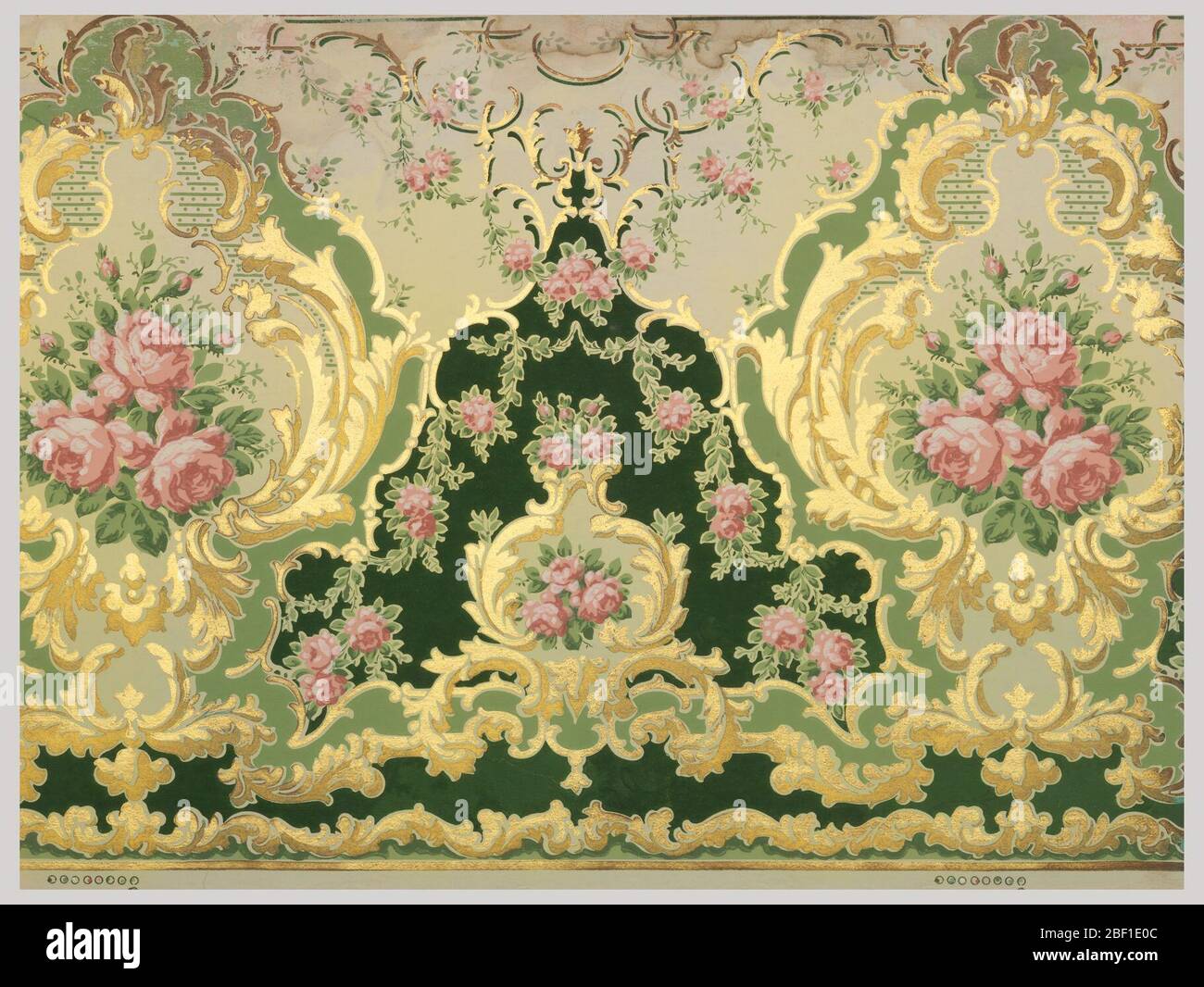 Frieze. Großes Medaillon mit floralem Zentrum. Gedruckt in Grün, Pink und Metallic Gold. Stockfoto