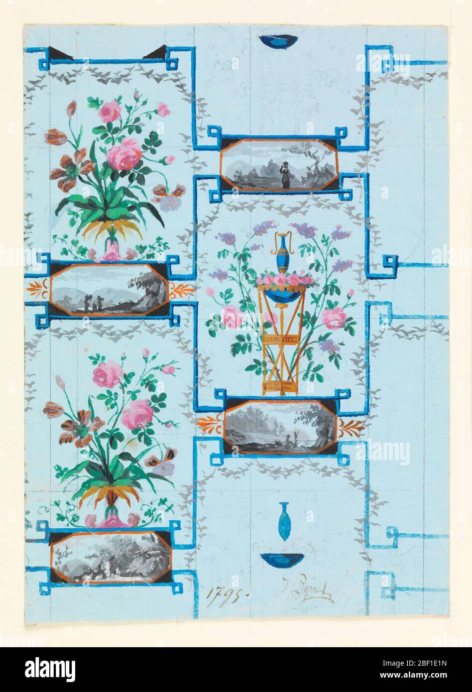 Tapetendesign. Entwurf für Tapeten aus der Directoire-Zeit, die Elemente aus Tafelwandpapieren und einfachen, sich wiederholenden Tapeten kombiniert. Landschaftsvignetten in Grisaille sind mit großen floralen Arabesken kombiniert. Stockfoto
