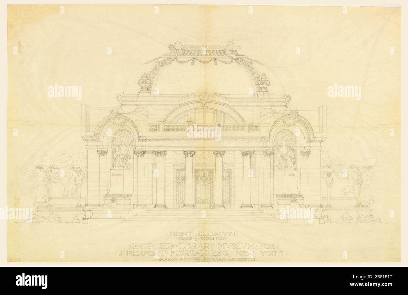 Front Elevation vorgeschlagen Library Museum für J Pierpont Morgan Esq New York. Blick auf die Pavillonfassade. Außen mit halbrunden Säulengängen, Stufenportikus und versenkten Nischen, die auf beiden Seiten des zentralen Torweges mit Skulpturen gefüllt sind. Über dem Eingang, Augenbrauenfenster mit Balustrade, verziert niedrige Kuppel mit Balustrade-Motiv auf der Oberseite. Stockfoto