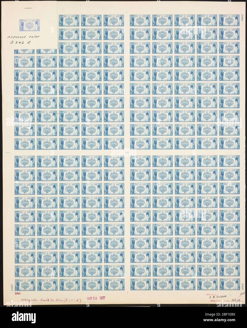 5c Siegel der US Naval Academy plate proof. Zertifizierte Plattenproofs sind der letzte gedruckte Proof der Platte vor dem Druck der Stempel im Büro für Gravur und Druck. Diese Plattenproofs sind jeweils eindeutig, mit den Genehmigungsunterschriften und dem Datum. Stockfoto