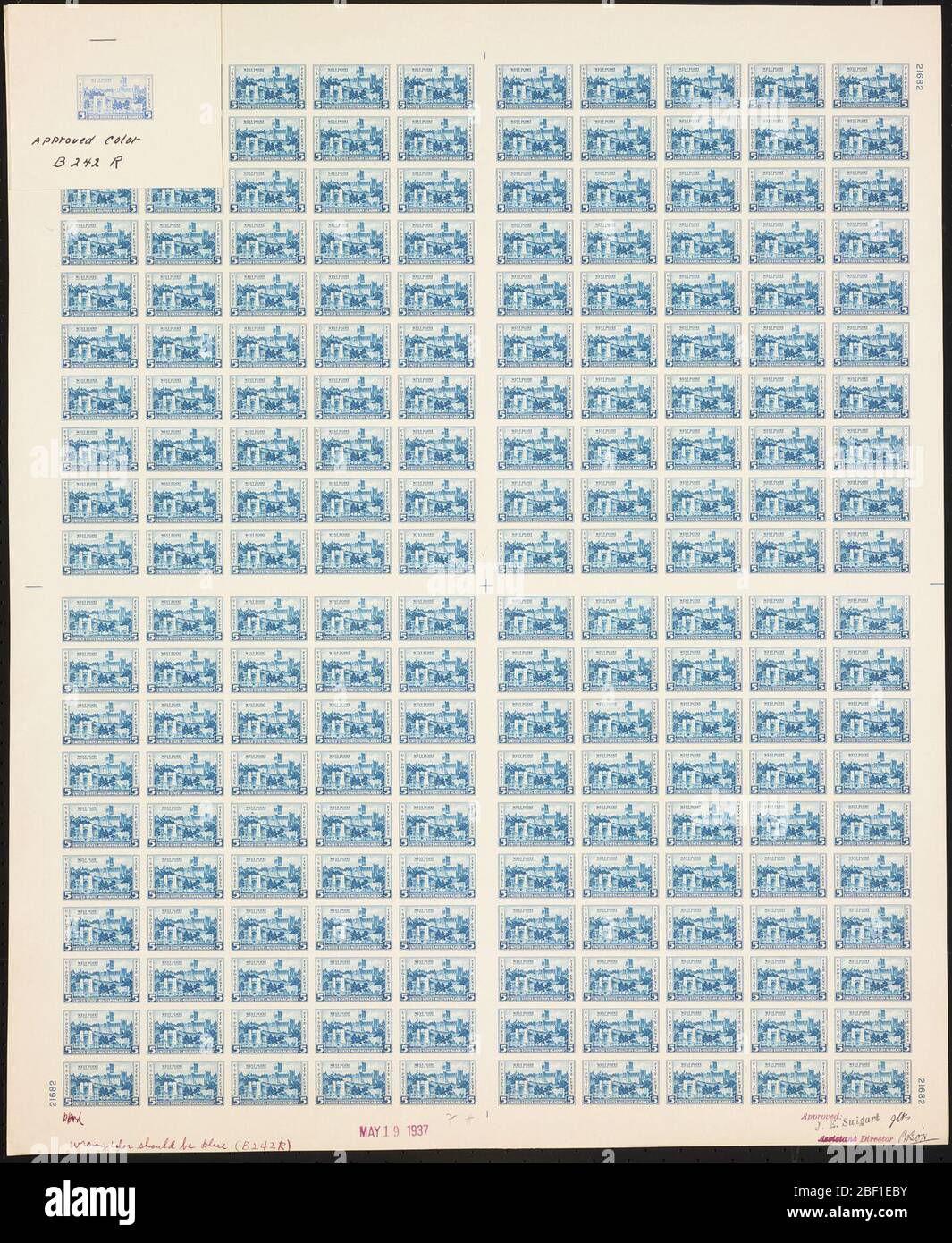 5c Army West Point Plattenfest. Zertifizierte Plattenproofs sind der letzte gedruckte Proof der Platte vor dem Druck der Stempel im Büro für Gravur und Druck. Diese Plattenproofs sind jeweils eindeutig, mit den Genehmigungsunterschriften und dem Datum. Stockfoto