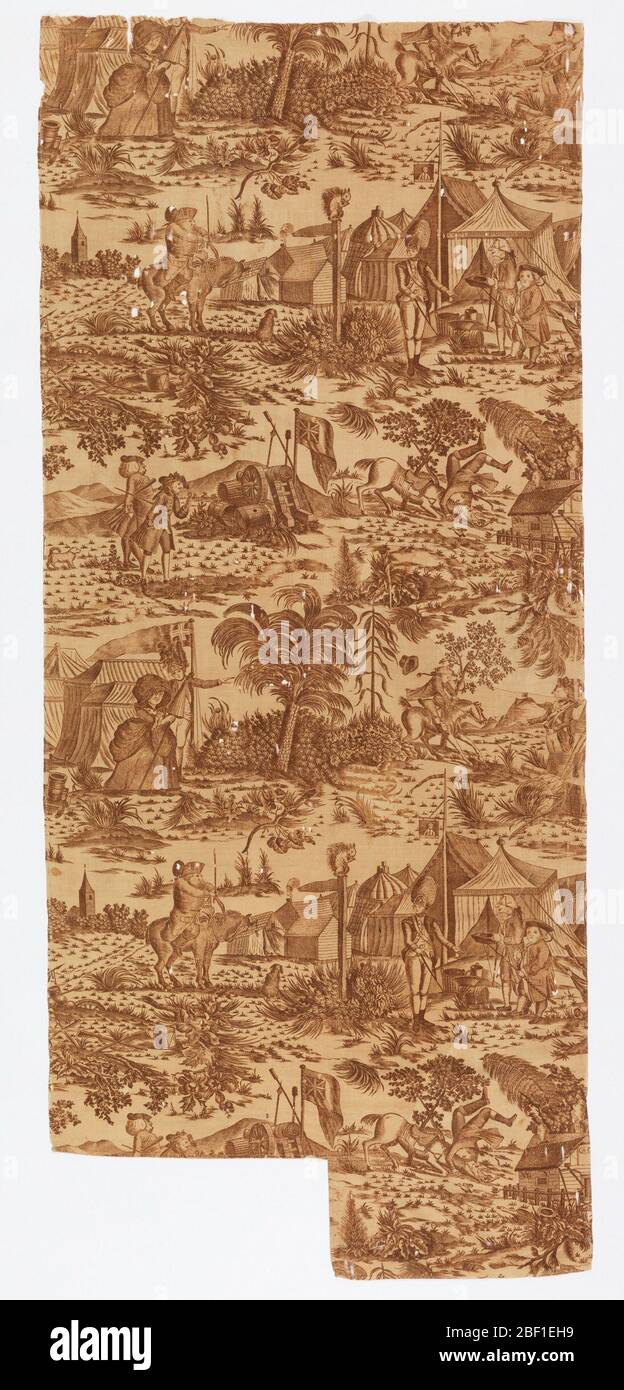 Textil. Länge aus cremefarbener Baumwolle, bestehend aus zwei Stück längs genäht, Kupferplatte in braun bedruckt. Sechs satirische Szenen in einem Militärlager: Soldat wird von seinem Pferd geworfen, eine Frau in einer großen Haube wird ins Lager eskortiert. Stockfoto