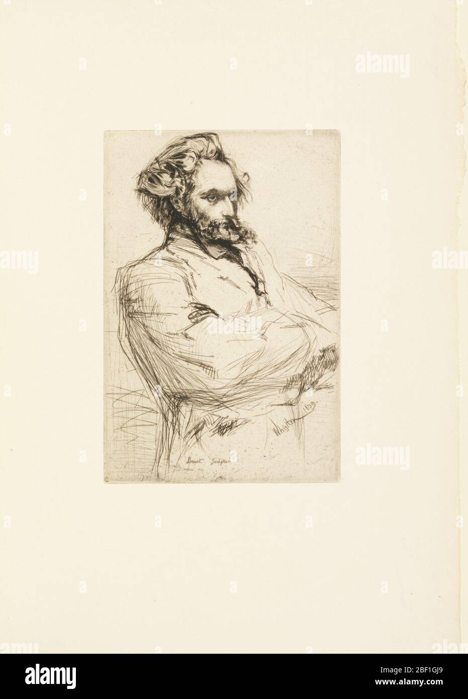 Drouet. Halbbildnis des Bildhauers Charles Drouet (1836-1908). Er wird ein Viertel nach rechts gedreht gesehen, die Arme über seine Brust gefaltet, die Haare zerzaust und einen Vollbart getragen. Stockfoto