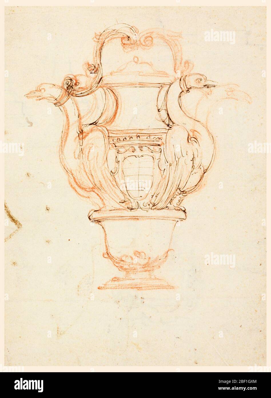 Recto Design für eine Flasche mit Griff. Recto: Der untere Teil des Flaschenkörpers ist wie eine Schüssel geformt. Auf seinem Rand stehen zwei Schwäne, an deren Hals der Griff befestigt ist. Alternative Vorschläge werden für die Haltung der Hälse gemacht. In der Mitte der Flasche ist ein gekrönter Escutcheon abgebildet. Stockfoto