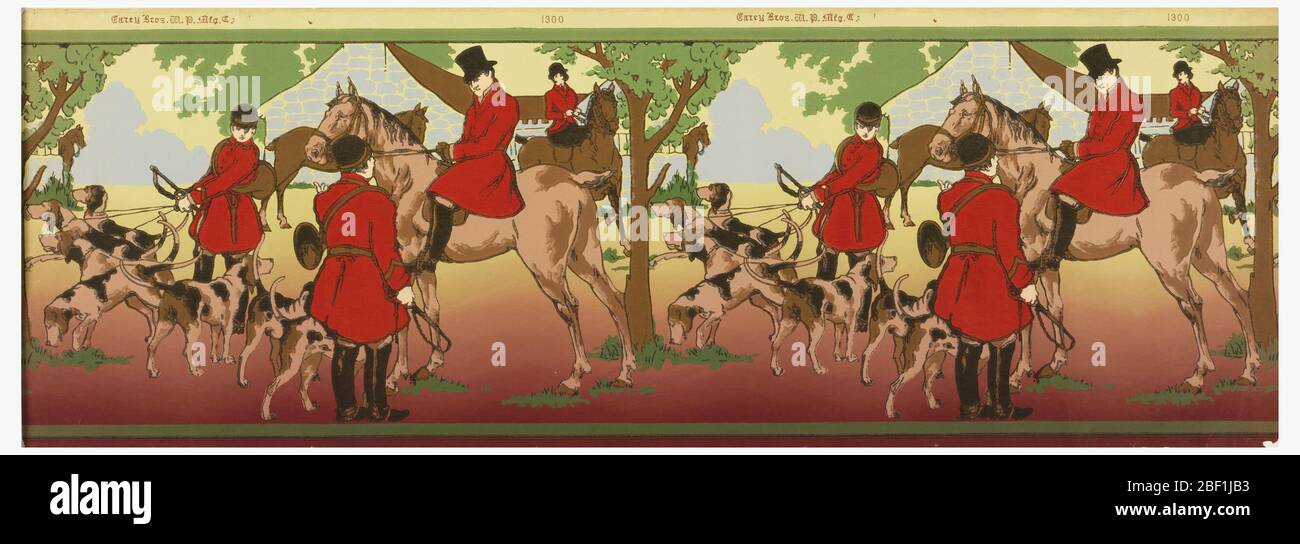 Frieze. Frieze zeigt gemauerte Jäger in roten Mänteln, mit Hundehunden, vor einem Landschaftshintergrund, mit tiefrotem Vordergrund. Oben gedruckt: Carey Bros. W.P. Herstellung Co.' Für den Wechsel mit 1938-50-18. Stockfoto