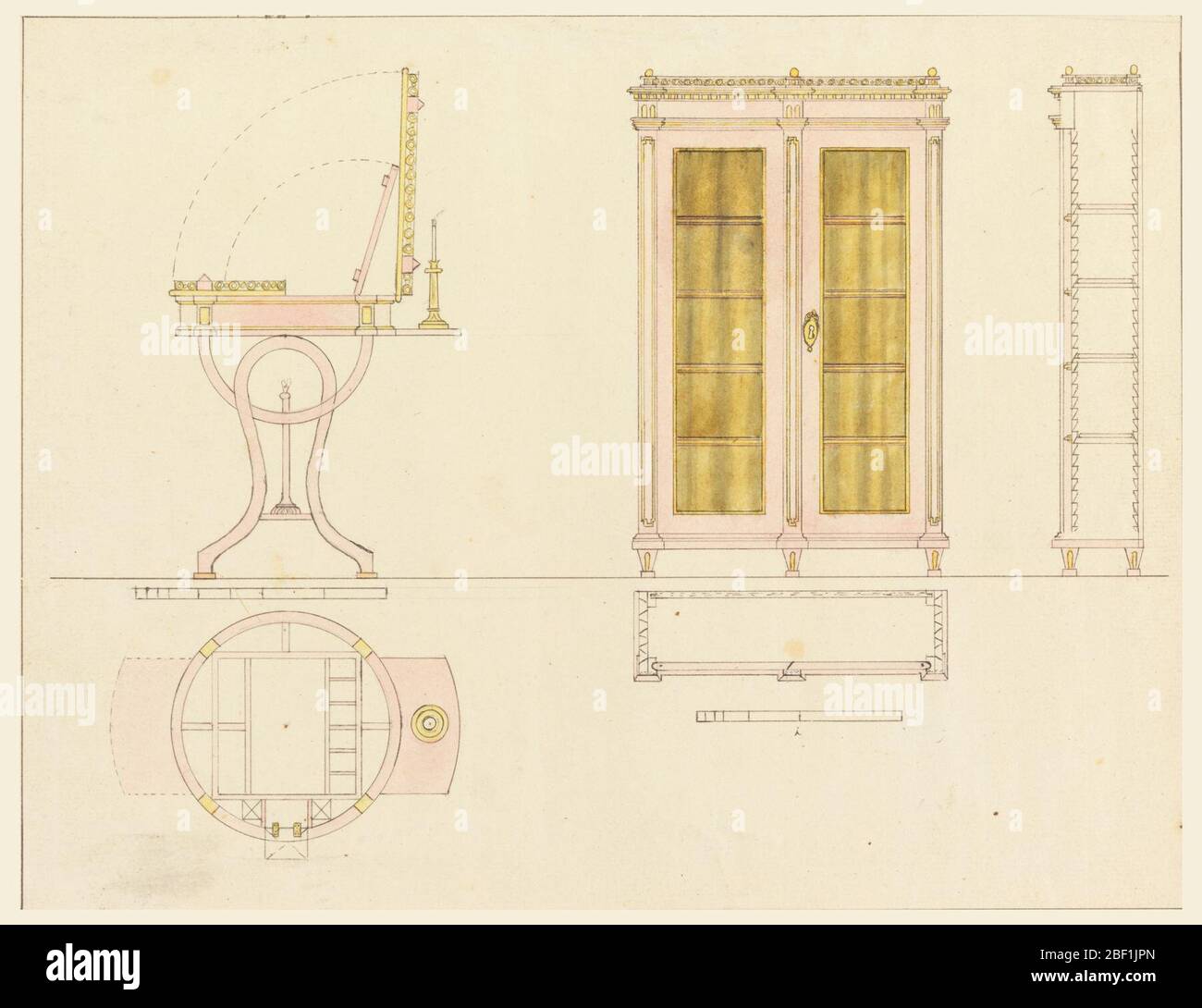 Design für mechanische Möbel Frisiertisch und Bücherregal. Oben links, seitliche Erhöhung eines Frisiertisches mit Einbaufächern; unten links, Konstruktionsdetails, durch das Oberteil hindurch. Stockfoto