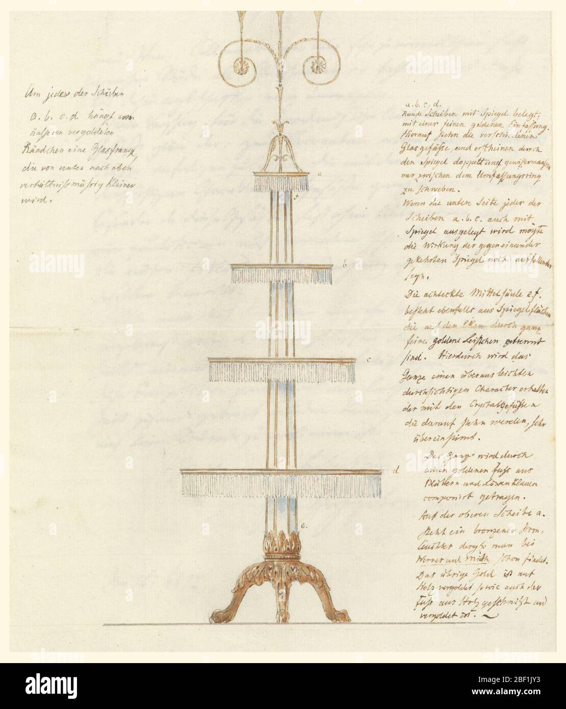 Design für einen Standfuß. Ein Ständer mit vier kreisförmigen Ebenen zur Anzeige von Kristallobjekten. Am Rand, Erläuterungen der Zeichnung. Es ist ein gefaltetes Blatt Papier. Auf der zweiten Seite erläuterndes Schreiben von Schinkel vom Febr. 16, 1812. Stockfoto