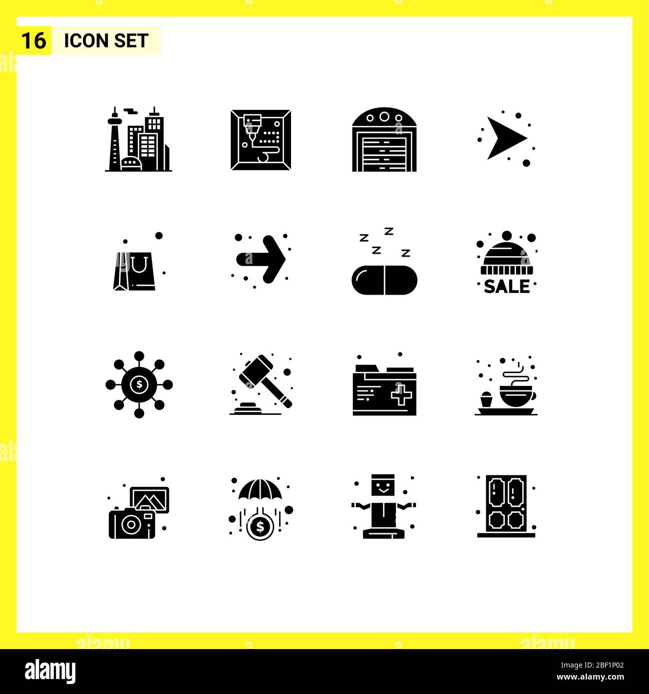 Universal Icon Symbole Gruppe von 16 Moderne solide Glyphen von Rücken, Einkaufen, Haus, Geschäft, rechts editierbare Vektor Design-Elemente Stock Vektor
