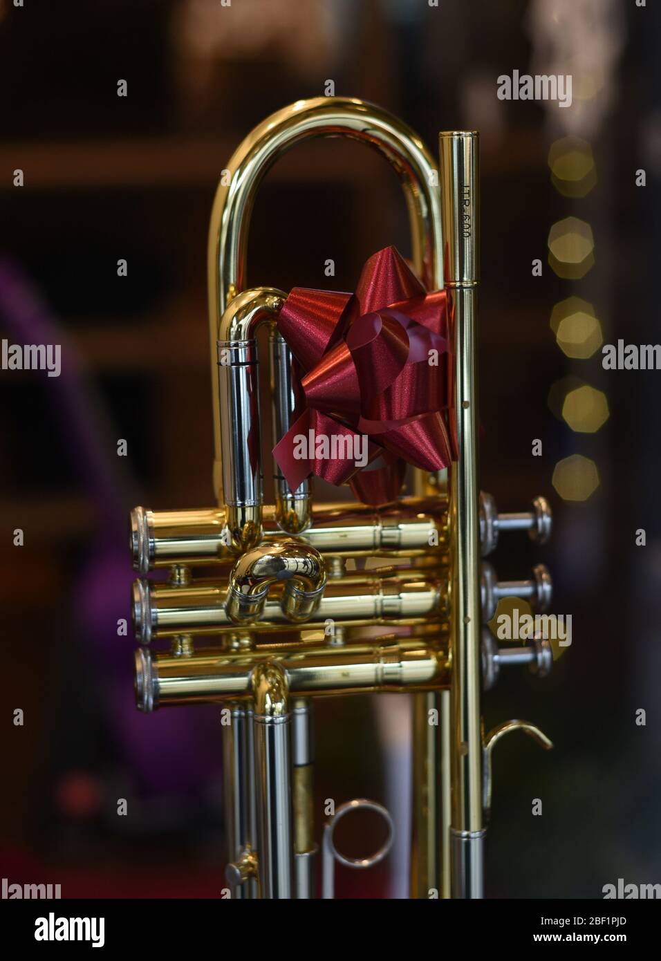 Eine Trompete mit einer roten Weihnachtsgeschenkschleife sitzt in einem Schaufenster Stockfoto