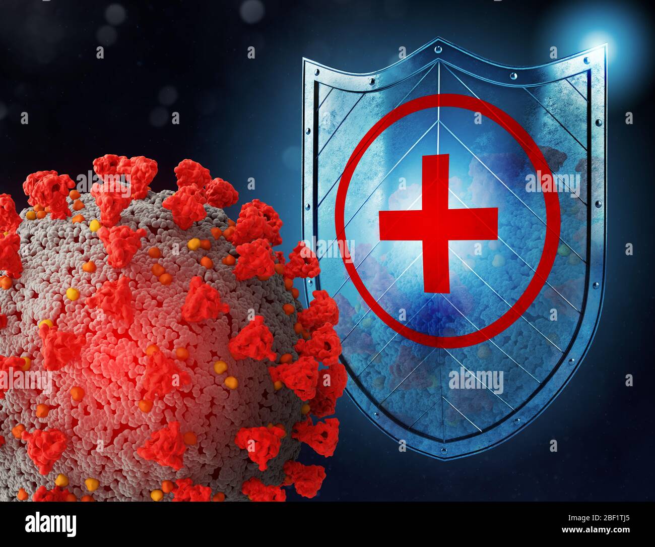 Shield schützt vor Virenangriffen. Konzept der Stop-Pandemie des Covid 19 Crown Virus. 3d-Darstellung Stockfoto