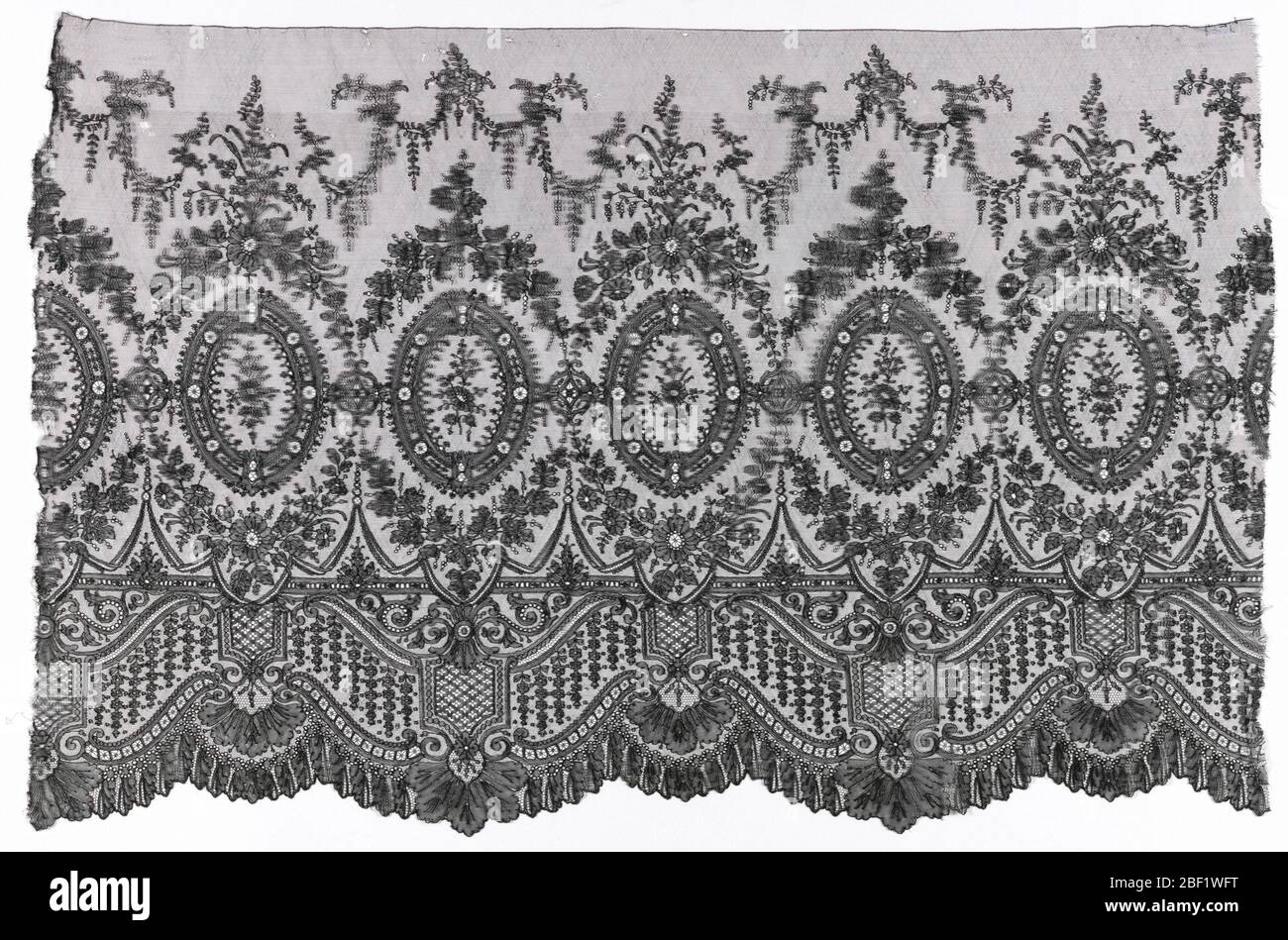 Volunce. Stück eines Volant aus schwarzer Seide im Stil Chantilly Klöppelspitze. Muster von Medaillons und architektonischen Details durchsetzt von floralen Sprays. Stockfoto