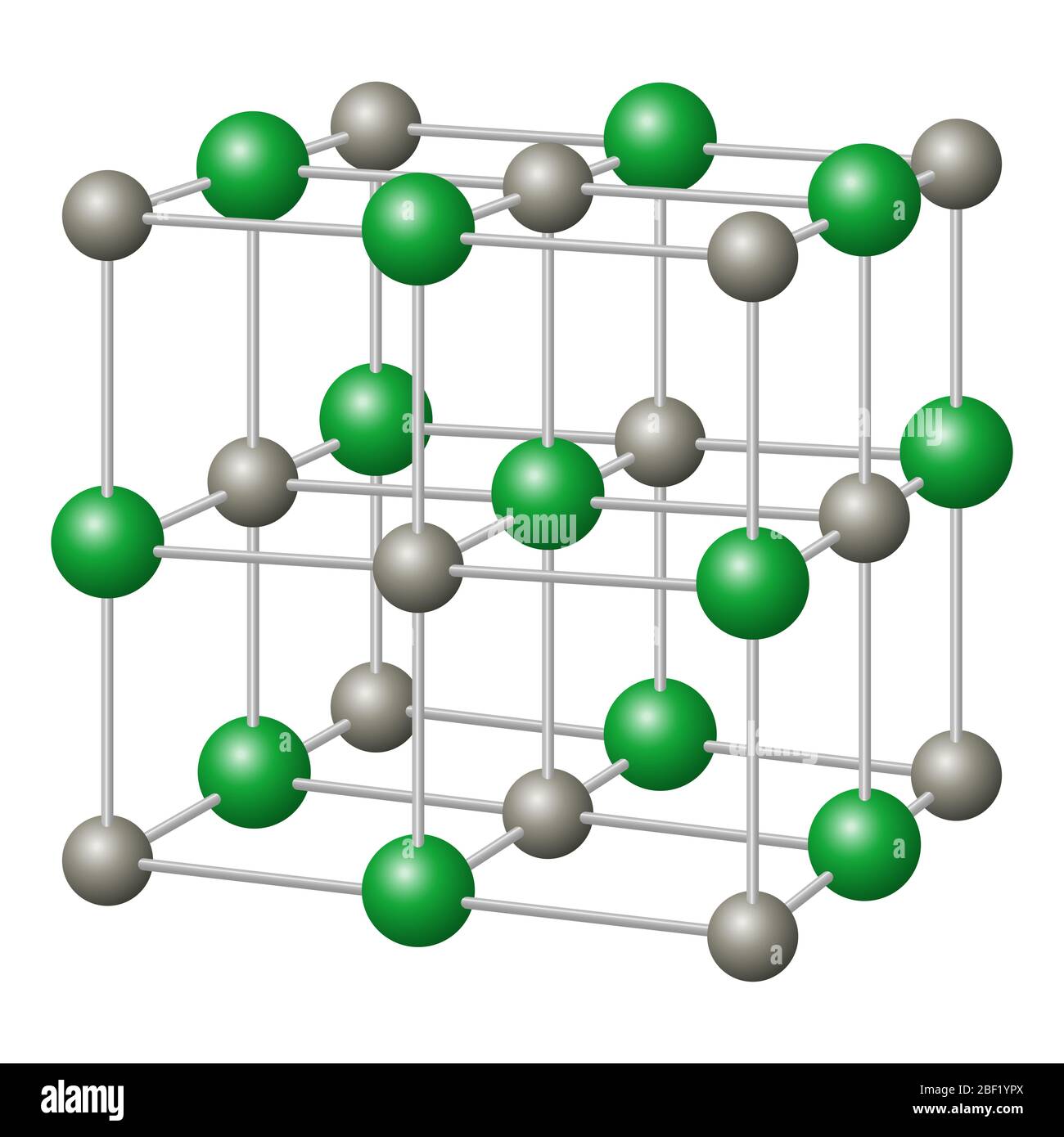 Natriumchlorid, NaCl Kristallstruktur mit Natrium in grau und Chlorid in grün. Chemische Verbindung, essbar als Kochsalz. Stockfoto