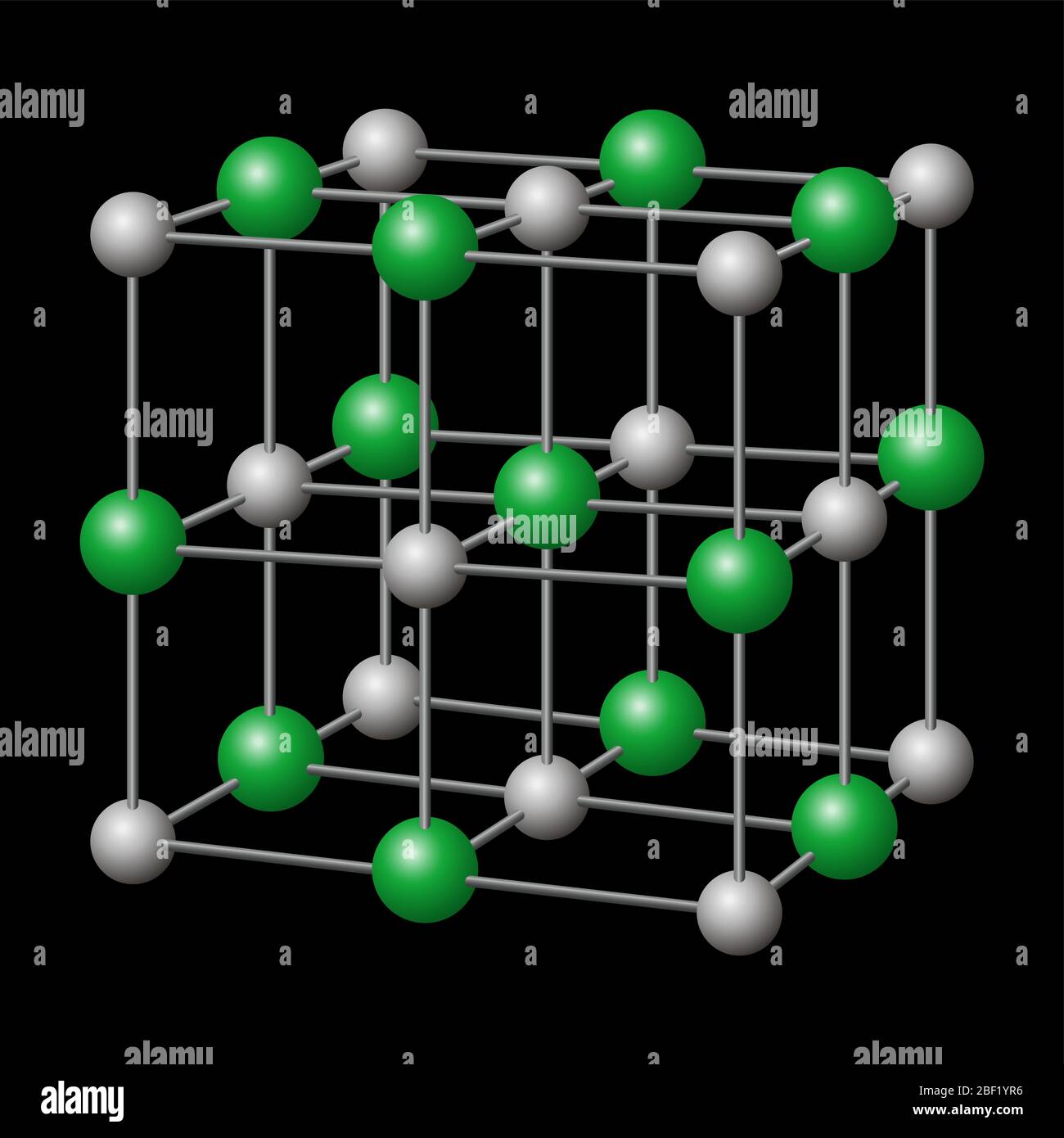 Natriumchlorid, NaCl Kristallstruktur mit Natrium in grau und Chlorid in grün. Chemische Verbindung, essbar als Kochsalz. Stockfoto