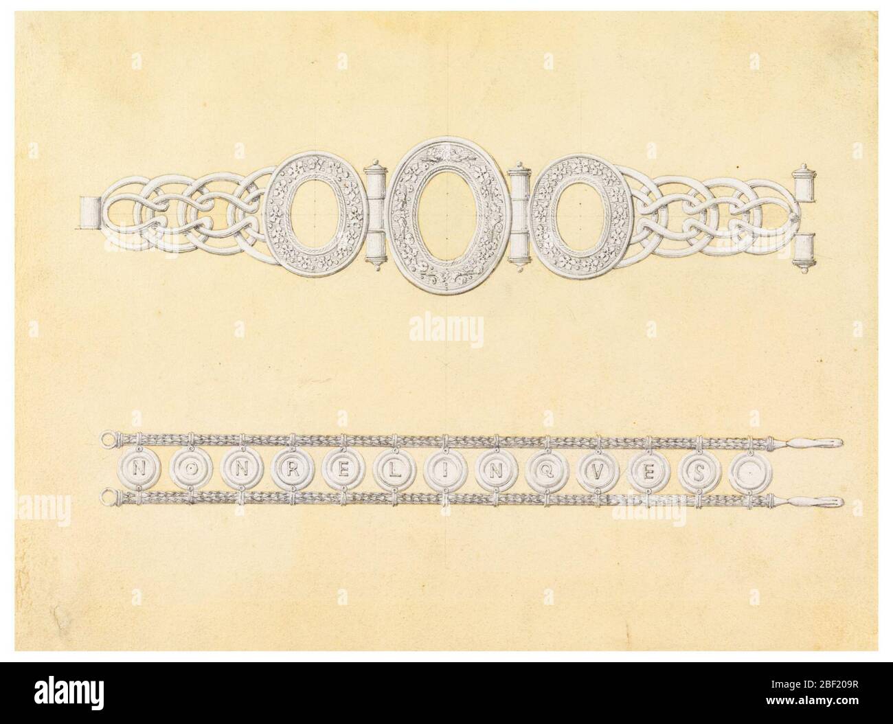 Design für zwei Armbänder. Eins über dem anderen. Oben: In der Mitte ein ovaler Rahmen, der an den Seiten mit einem kleineren ähnlichen Rahmen verbunden ist, dessen größere Teile aus Ketten bestehen. Stockfoto