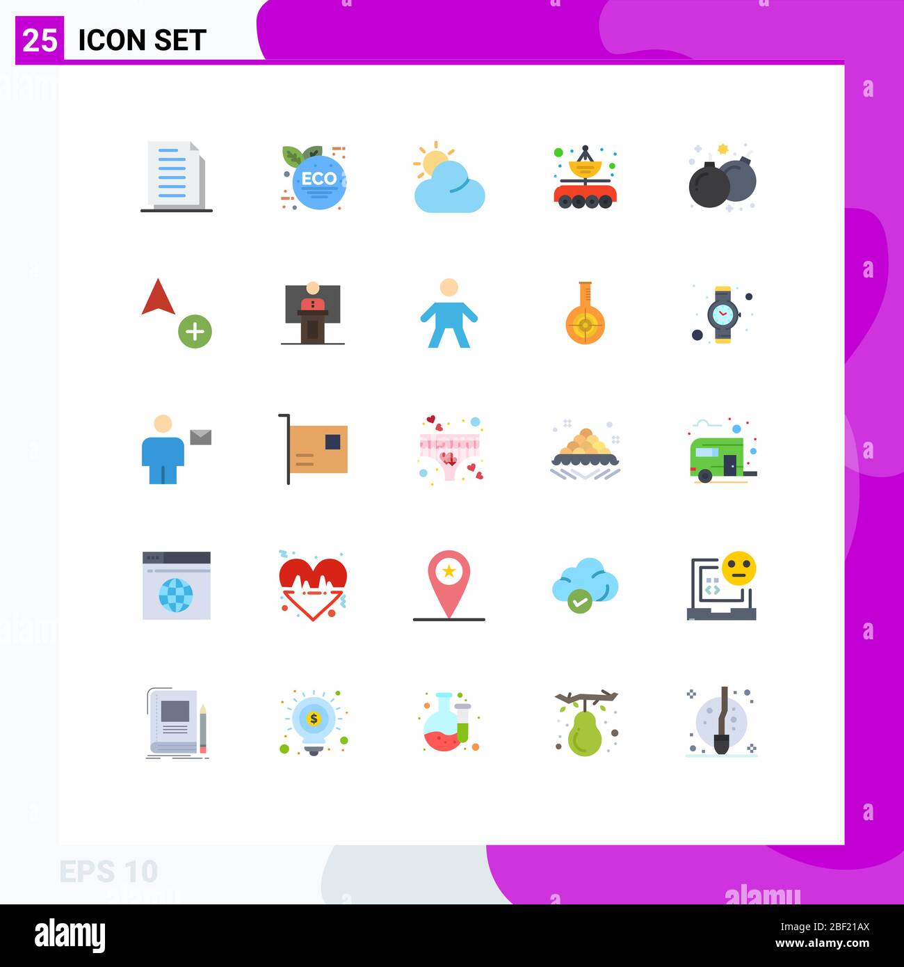 Universal Icon Symbole Gruppe von 25 modernen flachen Farben des Spiels, Bombe, Sonne, Transfer, Datenübertragung editierbare Vektor Design-Elemente Stock Vektor