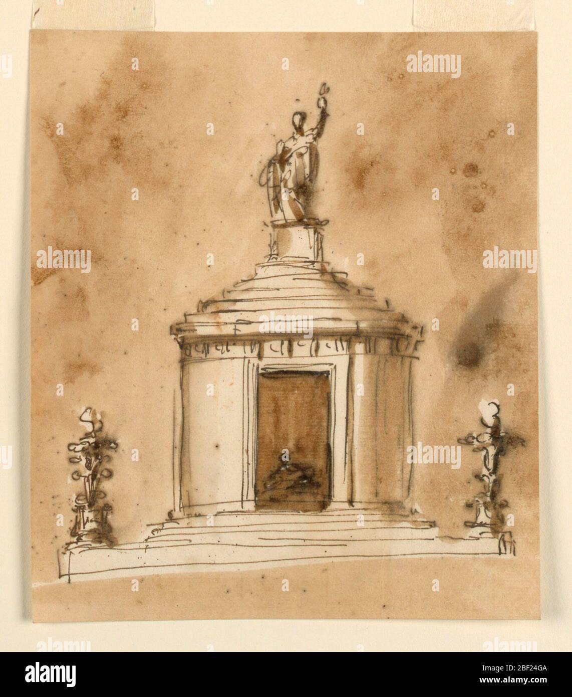 Beerdigungsdekorationen für König Ludwig XVI. Von Frankreich. Vertikales Rechteck. Eine Variante von 1938-88-1303, der Türrahmen ist etwas ähnlich wie 1938-88-1337. Die Paneele neben den Türöffnungen sind mit einem Festoon verziert, das von Löwenmasken getragen wird. Der Sockel ist kürzer und hat einen größeren Durchmesser. Stockfoto