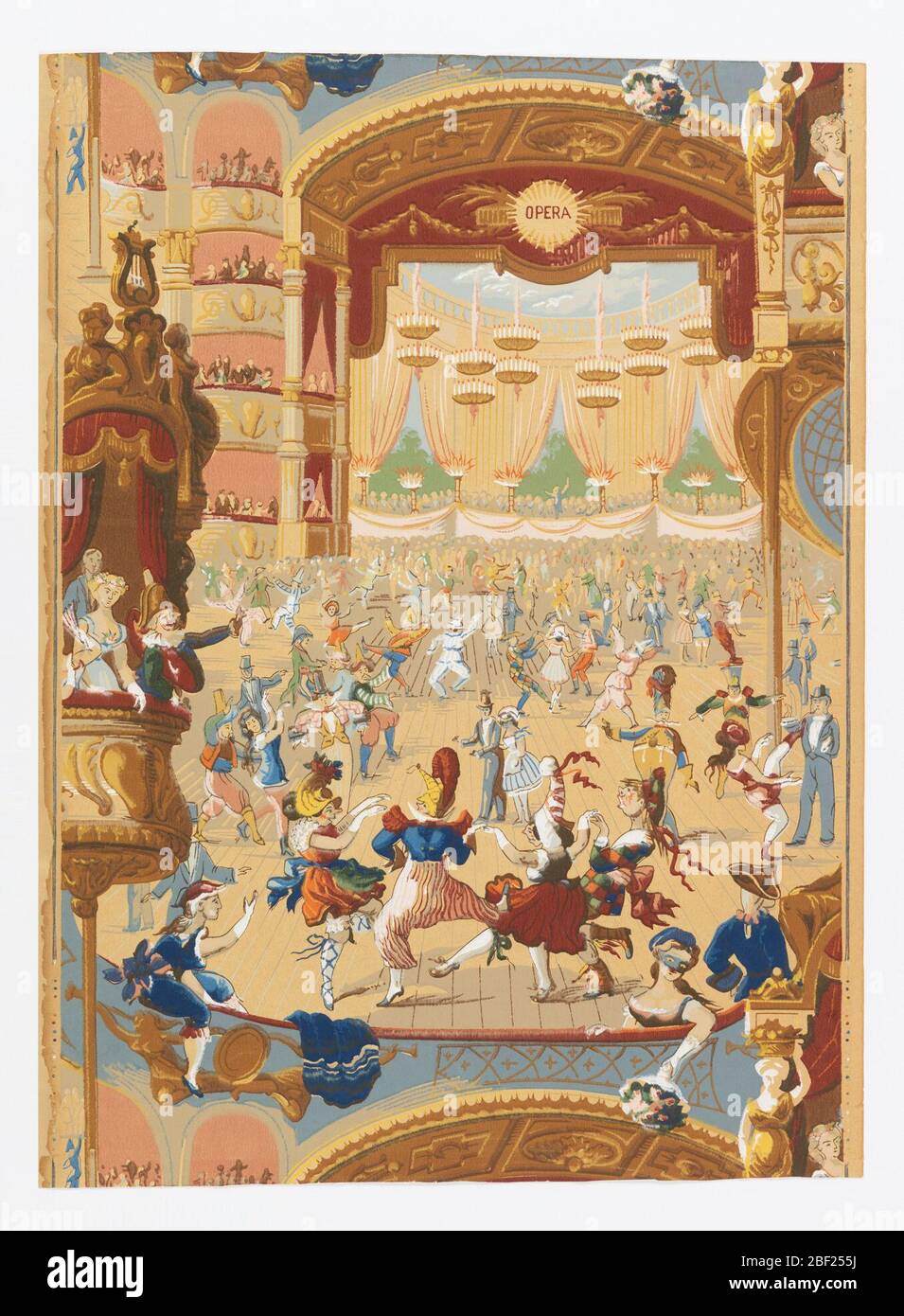 Seitenwand. Wiederholtes Motiv eines Maskerade-Balls an einem Opernhaus. Figuren in fantastischen Kostümen tanzen und kavort. Ein Orchester spielt auf der Bühne. Gedruckt in zwanzig Farben auf neutralem Boden, Drop wiederholen. Stockfoto