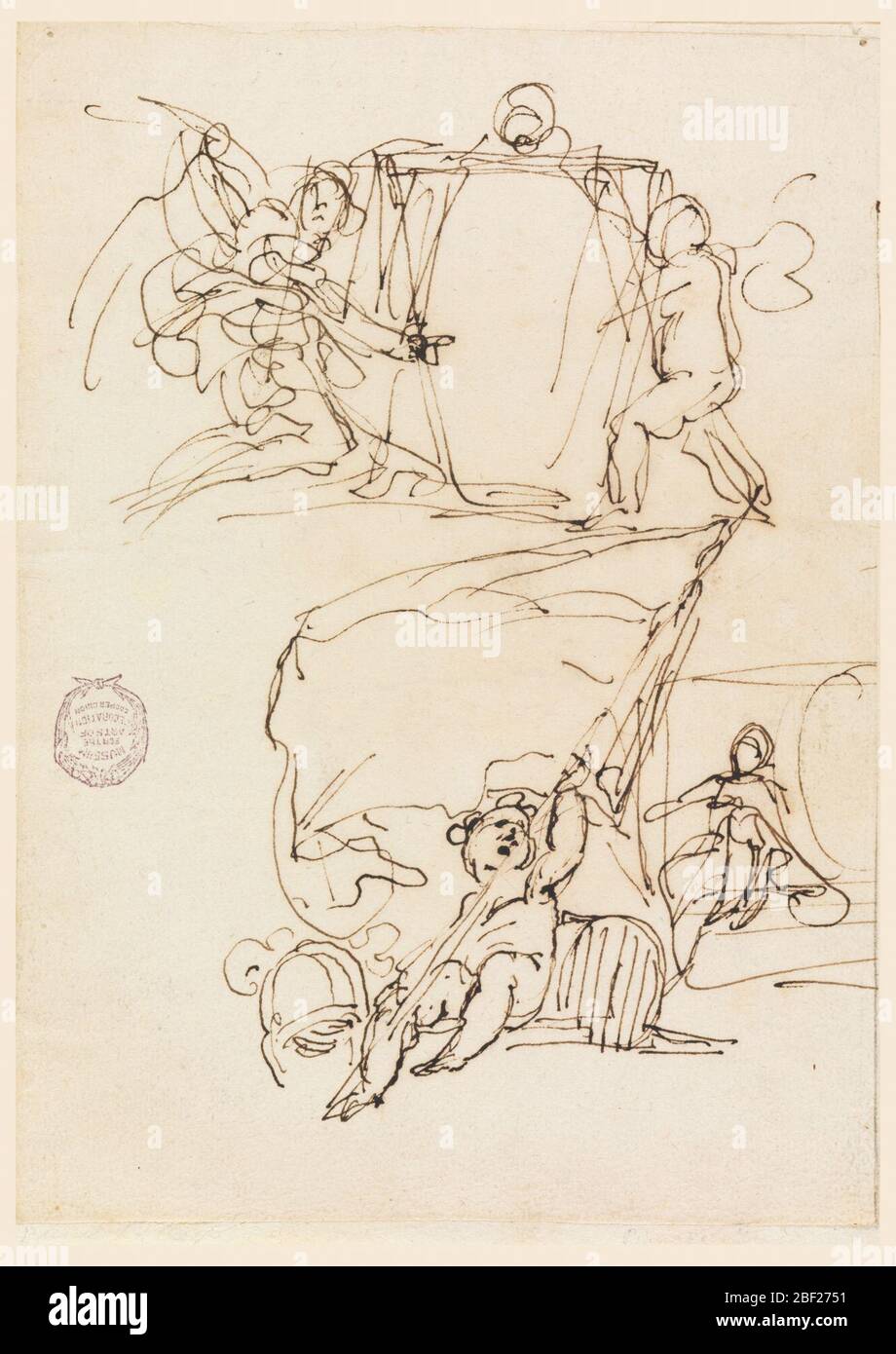 Drei Skizzen. Oben oben wird der kleine Engel von einem knieenden großen Engel unterstützt, rechts von einem kleineren stehenden. Unten: Links, Putto sitzt zwischen Trophäe, hält großes Banner; rechts weibliche Figur sitzt neben Escutcheon, ein Cresting. Stockfoto