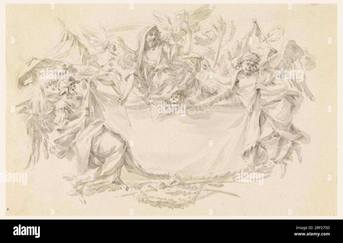 Entwurf für ein Tuch als Ort einer Inschrift. Genii stützen ein Tuch; sie sind mit Köpfen gefallener Krieger mit Helm und Lorbeerkranz beflügelt. Stockfoto