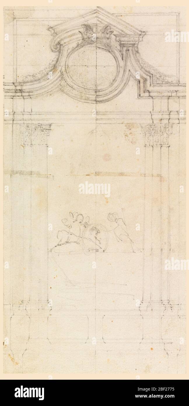 Entwurf eines Sepulkraldenkmals für einen Kreuzgang. Ein Rahmen in architektonischen Formen, mit alternativen Vorschlägen. Drei eingebettete Säulen auf hohen Sockeln stützen einen Giebel, in dessen Zentrum ein Kreis oder ein Oval mit einer Krone auf der Oberseite als Platz für das Wappen vorgesehen ist. Stockfoto