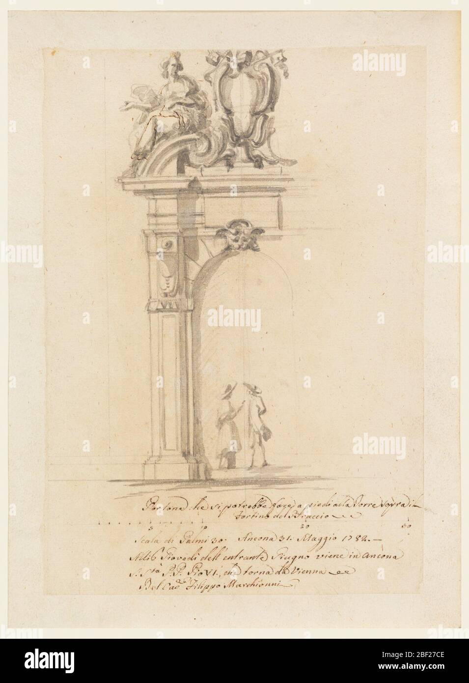 Entwurf für ein Tor für den Empfang von Papst Pius VI., der aus Deutschland nach Ancona zurückkehrt. Ein Bogen mit einer Maske als Schlussstein und mit Säulen, die die Entablatur stützen. Oben ist ein gebrochener Giebel mit einem päpstlichen Escutcheon, der auf einem Fuß in der Mitte steht. Auf dem Gesims die Figur einer Frau. Ein Priester und ein Mann unterhalten sich. Unten ist die Skala. Stockfoto