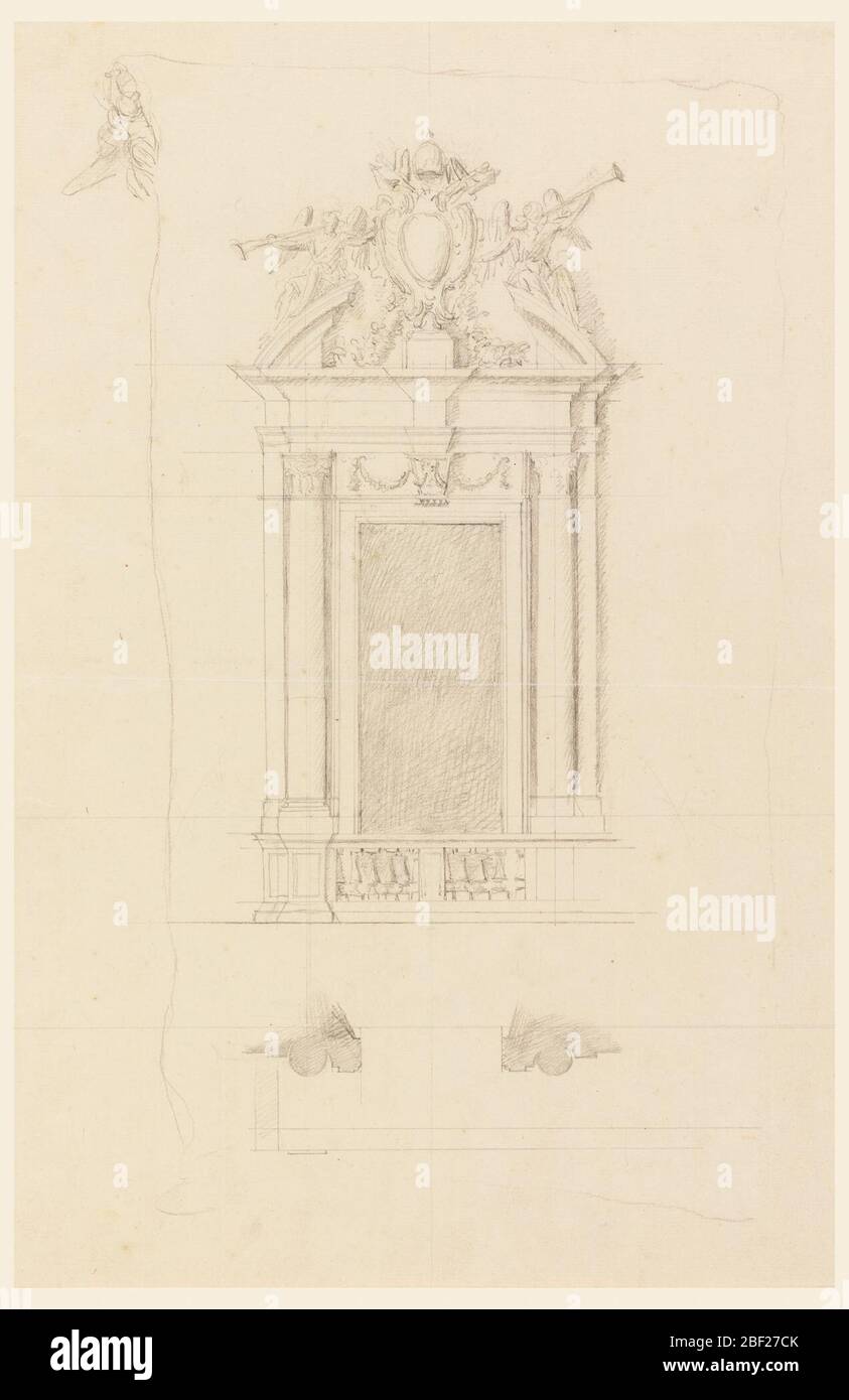 Entwurf für einen Doorcase für das Zentrum einer Faade im Erdgeschoss. Vertikales Rechteck. Die rechte Seite ist noch nicht ganz fertig. Unten sind die Sockel der Pilasterstreifen und die eingebetteten Säulen, die den Giebel und eine Balustrade stützen. Stockfoto
