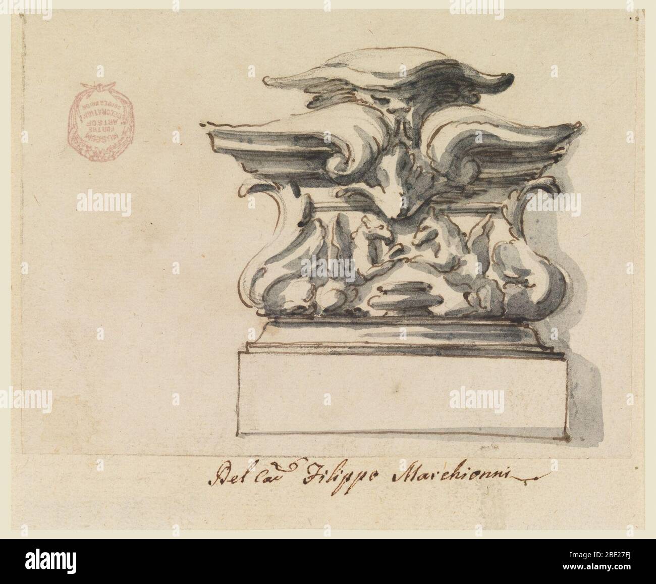 Design für ein Ornament. Architektonisches Element, bestehend aus einem ornamentalen Kapitell mit Pflanzenmotiv auf einem Sockel. Stockfoto