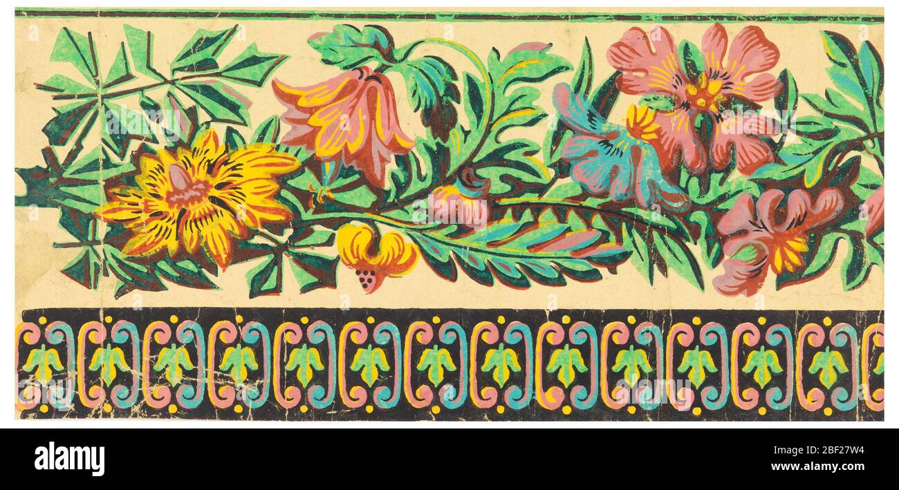 Rahmen. Besteht aus einem floralen Band in dünn bedrucktem Pigment. Verschiedene Blüten und Blätter bilden einen durchgehenden Fries über einem Band von bunten Blattformen, die in geschweifende Klammern und Punkte eingeschlossen sind. Erinnert an Muster im Indien-Chintz-Stil. Stockfoto