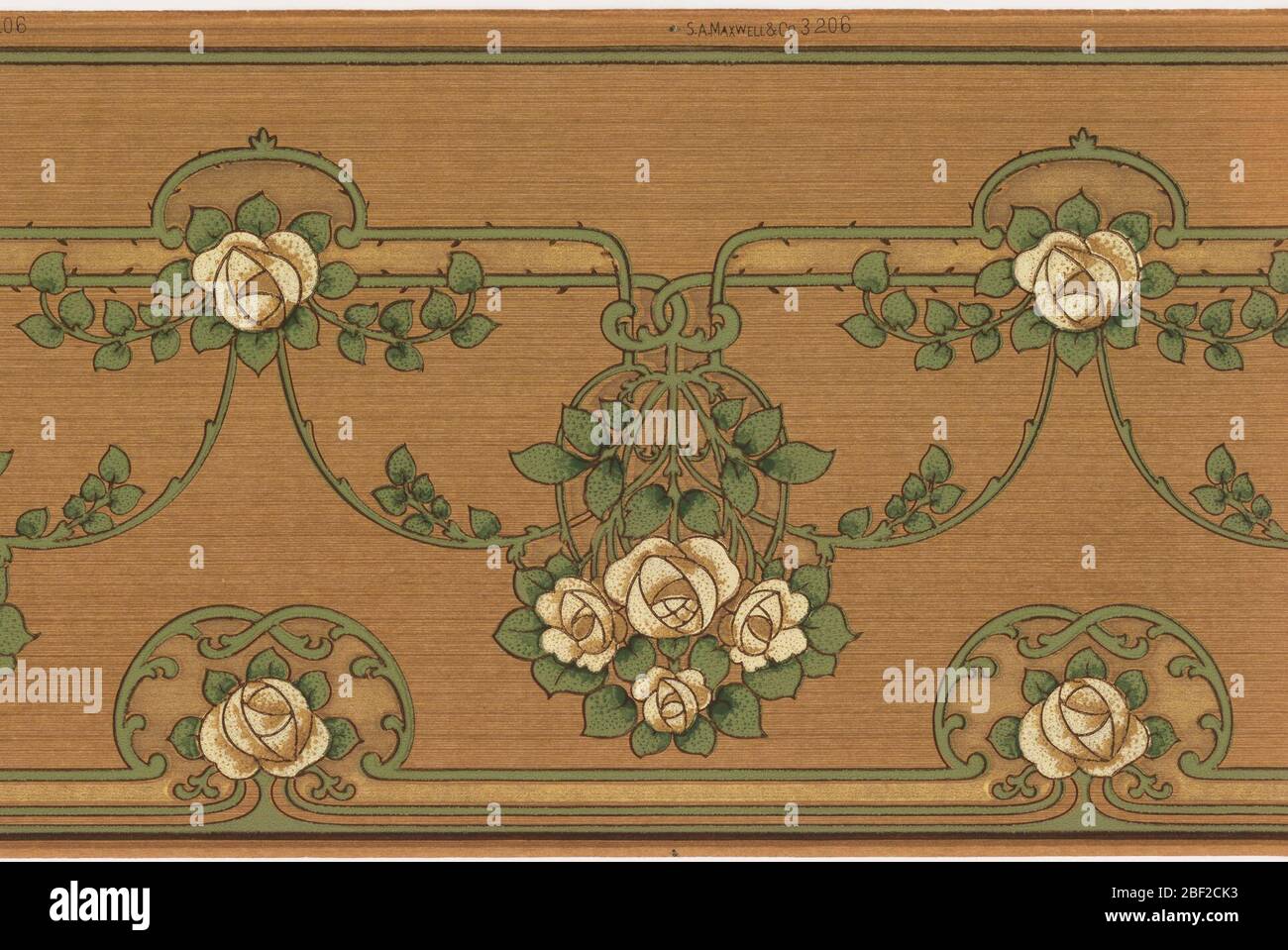Frieze. Mission oder Jugendstil. Reihe von kurzen horizontalen Linien mit einer großen Blume in der Mitte. Von diesen Linien hängen kopfüber Blumensträuße von Rosen. Die Blumensträuße sind durch einen Blattschwamm verbunden. Gedruckt in Braun, Weiß und Grüntönen auf braunem Grund. Stockfoto