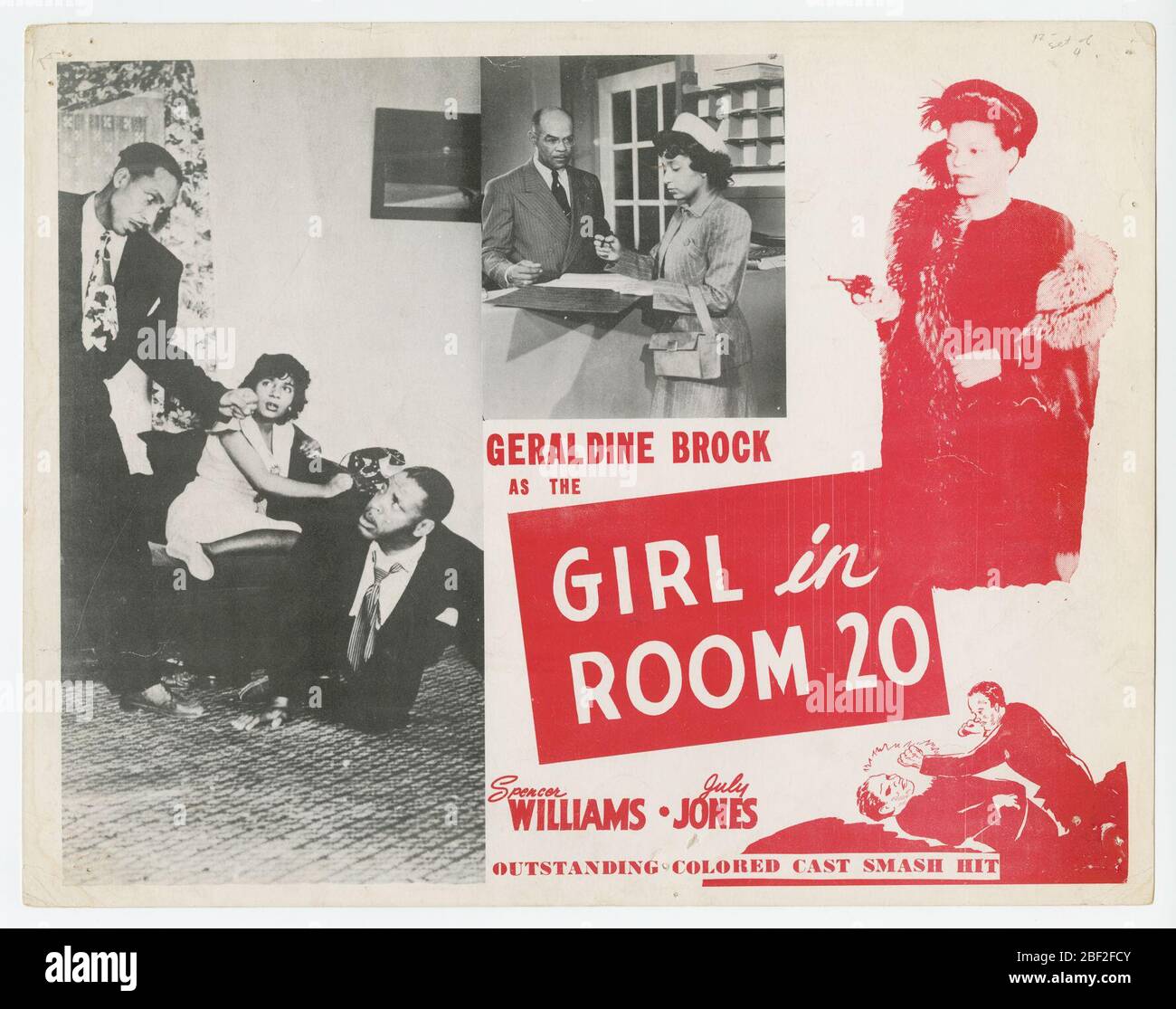 Lobby-Karte für Mädchen in Zimmer 20. Eine Lobby-Karte für den Film Mädchen in Zimmer 20. Die Karte besteht aus mehreren Bildern. Eines ist ein Schwarz-Weiß-Bild von zwei Männern und einer Frau. Stockfoto