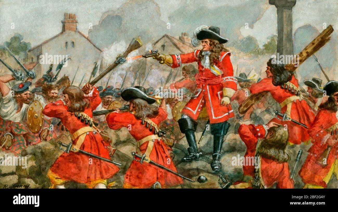 Der Graf von Angus's Regiment (die Cameronier) bei der Verteidigung von Dunkeld, 1689 - Richard Simkin Stockfoto