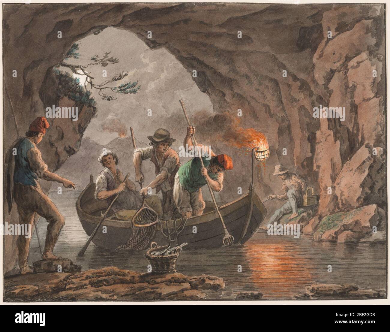 Aquarell Nacht Angeln am Eingang zu einer Höhle. Horizontales Rechteck. Drei Fischer im Boot und ein anderer auf einem Stein sitzen, werden in einer riesigen Höhle, die von einem Feuer am Heck des Bootes beleuchtet wird, angelt. Ein fünfter Mann steht links. Rahmenlinien. Stockfoto